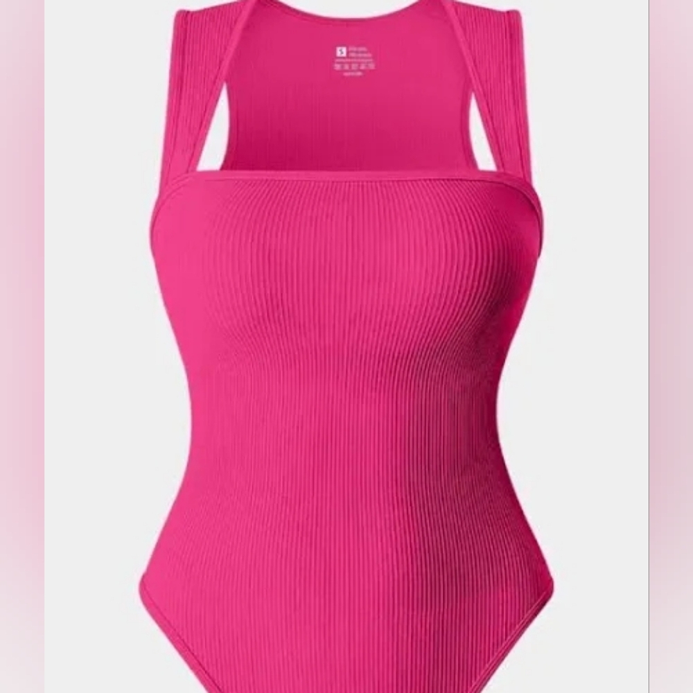 NEW OQQ Large Neon Pink Ribbed Women's Tank Sleeveless Bodysuit Shapewear
